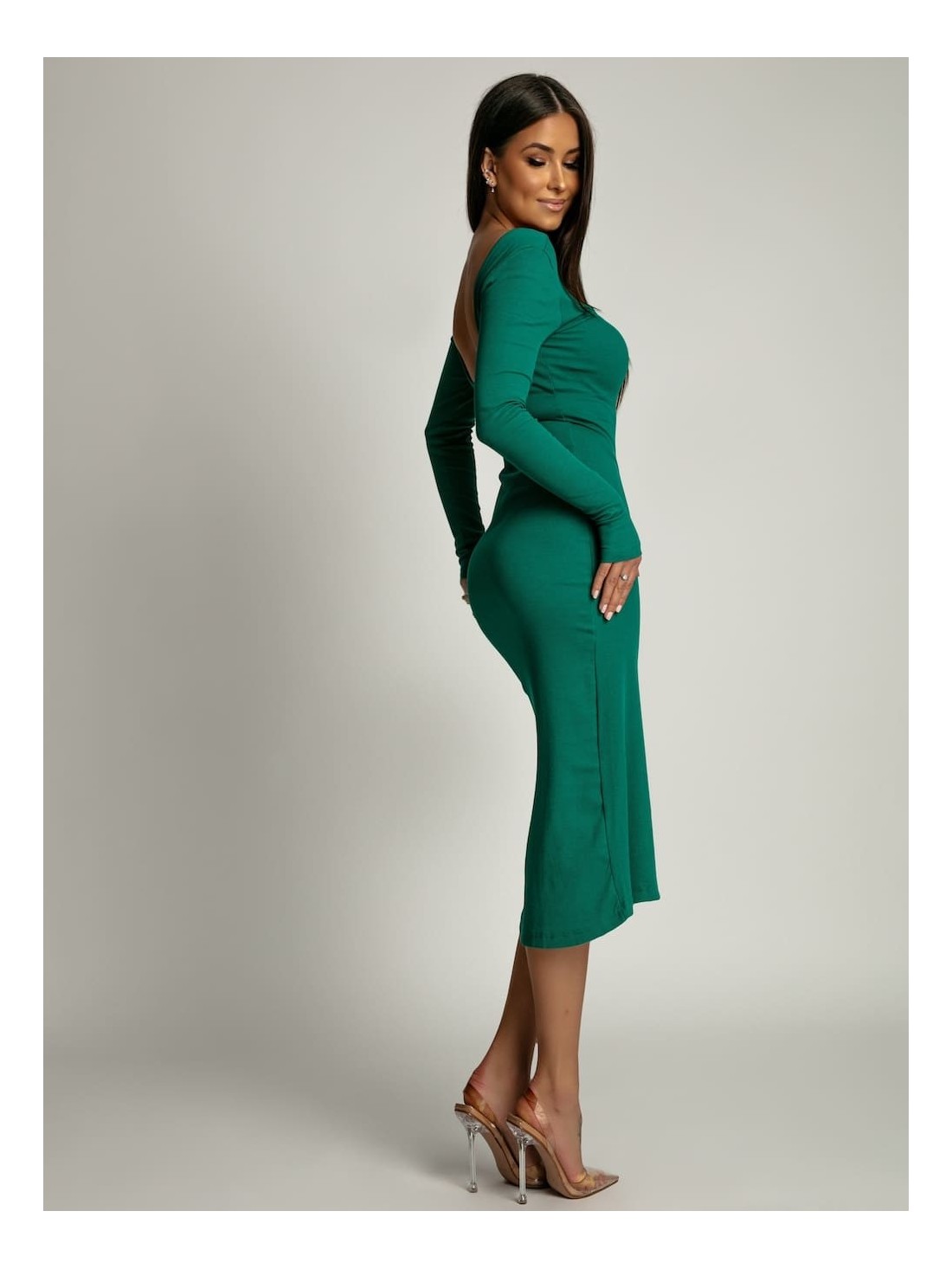 Rochie cu nervuri cu decolteu la spate, verde FG673